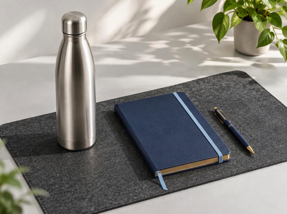 Corporate notebook, pen, steel bottle and desktop runner