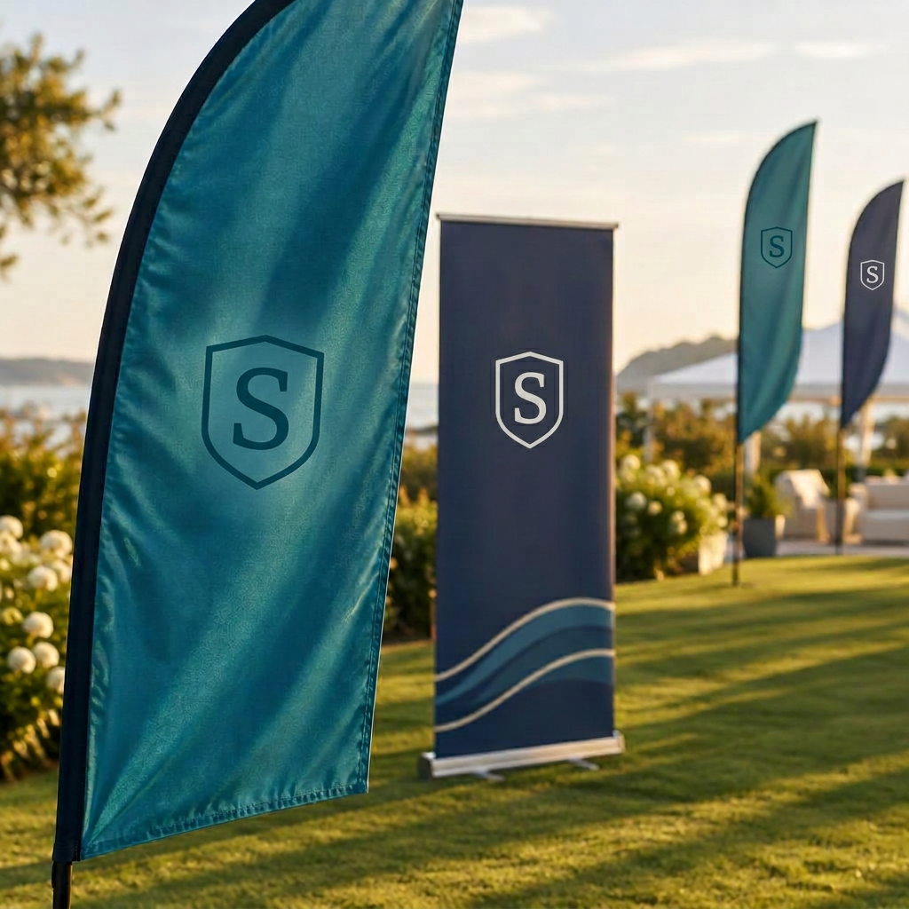 Turquoise feather flag and navy pull-up banner at an outdoor event