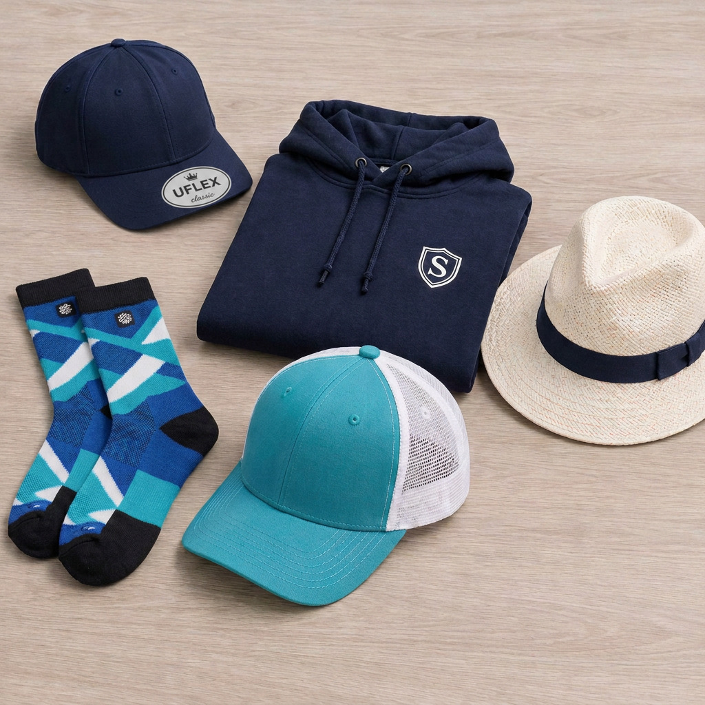 Corporate caps, navy hoodie, patterned socks and a Panama hat
