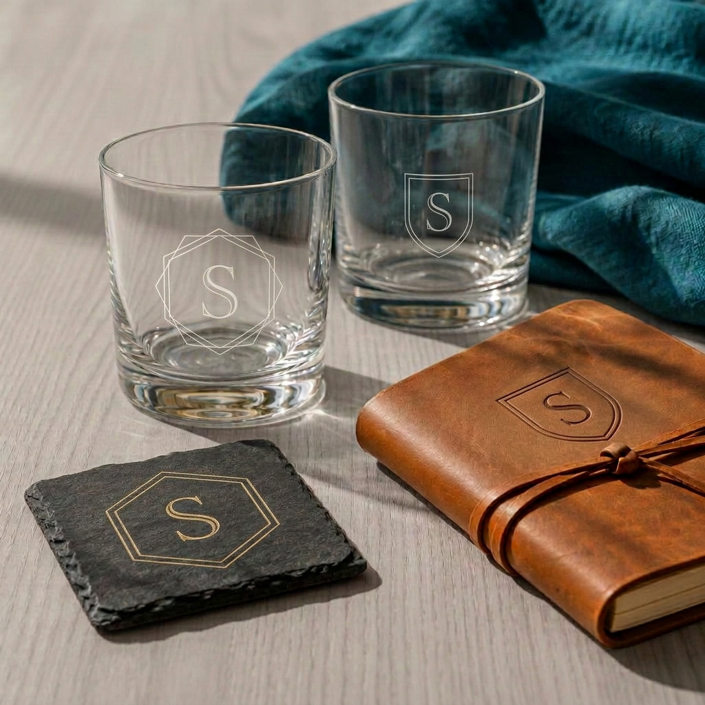 Laser engraved glassware, slate coaster and leather journal
