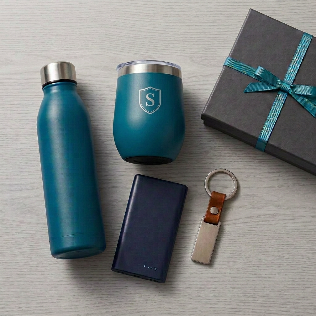 Corporate gift set with flask, mug, powerbank, keyring and gift box