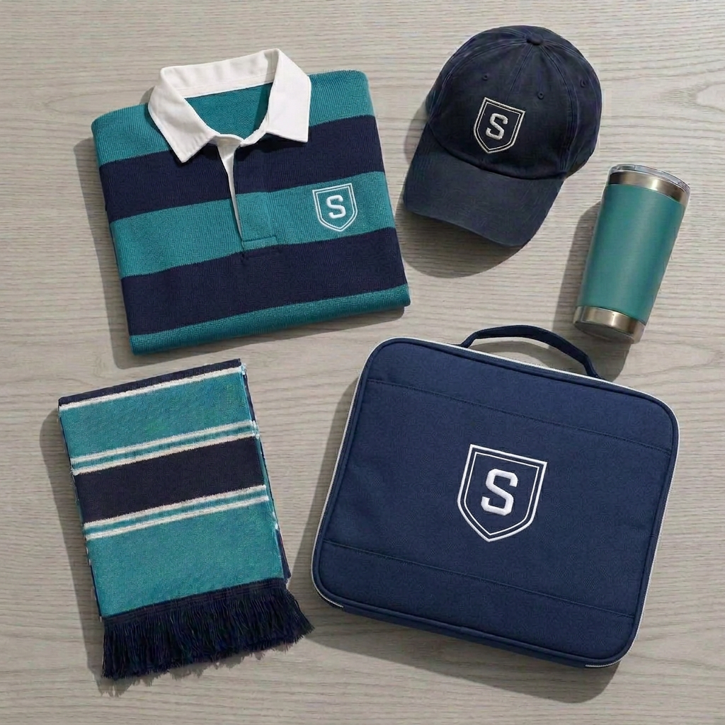 Striped supporter jersey, scarf, stadium cushion, cap and tumbler