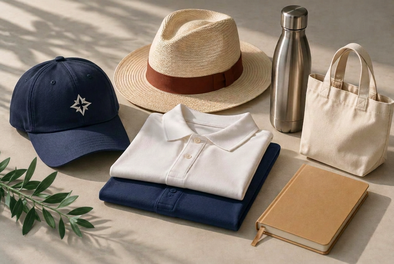 A collection of custom caps, Panama hats, corporate shirts and gifts
